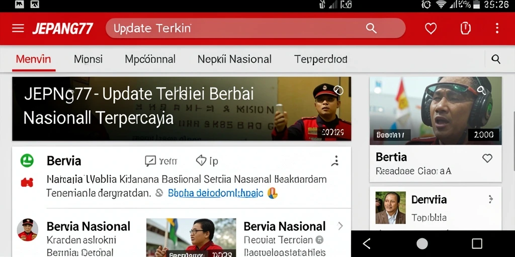 Tampilan antarmuka modern aplikasi JEPANG77 dengan berita terkini.